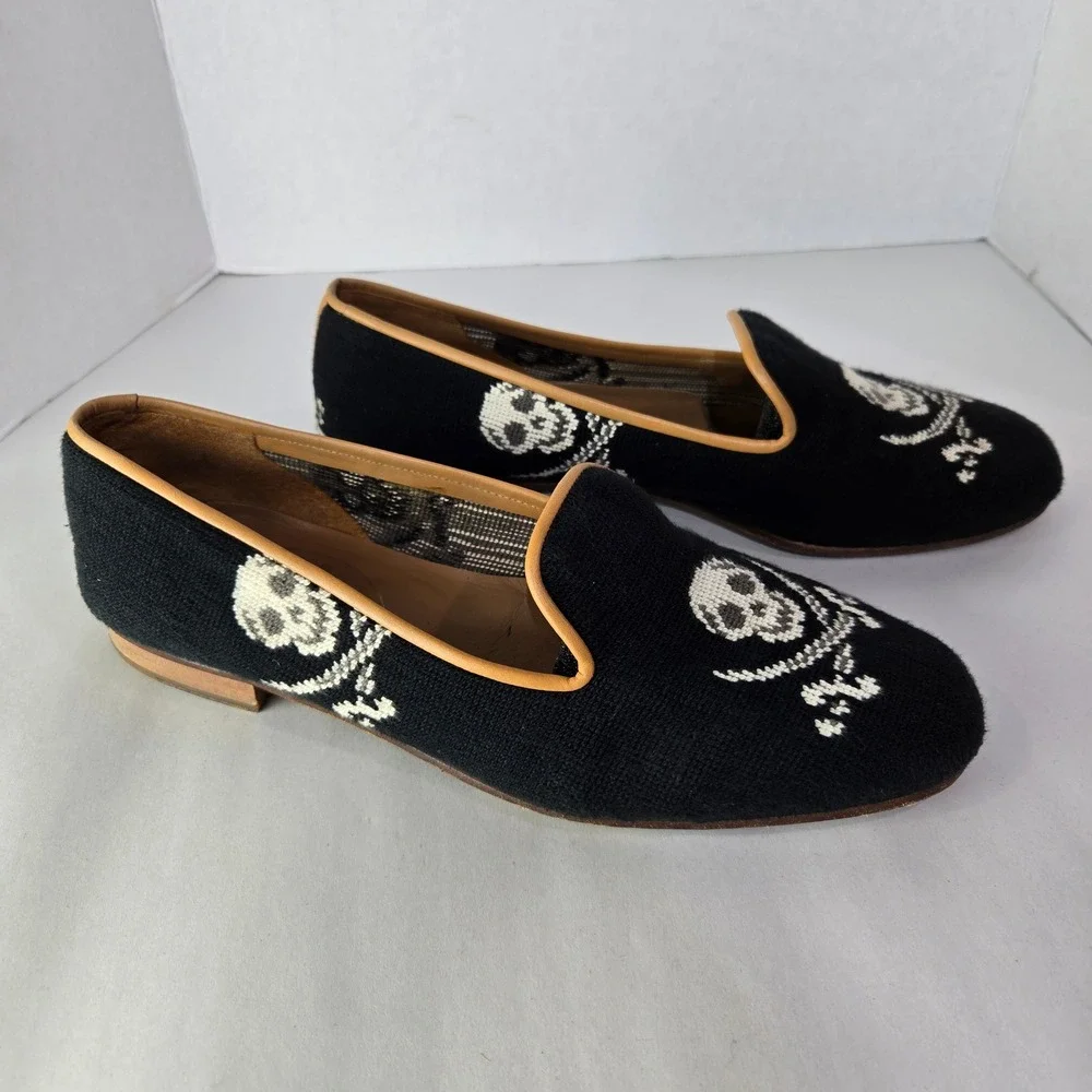 Stubbs & Wootton Loafers Size 11 Black Needlepoint Skull Crossbones  #1166